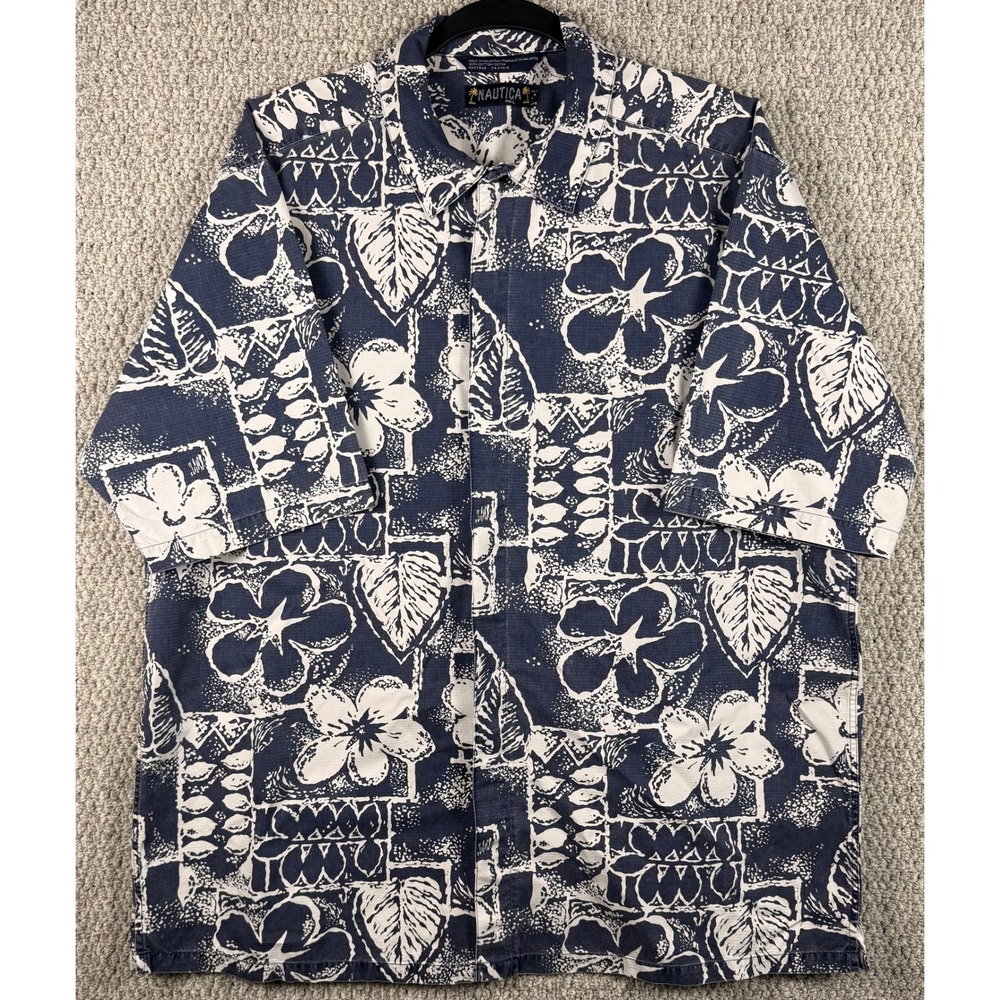 Nautica Vintage 90s Hawaiian Shirt Large Blue Tropical Floral Hibiscus Cotton L